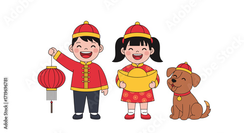 Happy children in traditional chinese clothing celebrate the lunar new year with a lantern and a golden ingot. A small dog joins the celebration.