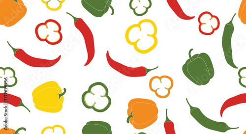 A vibrant pattern of assorted peppers in various colors and shapes.