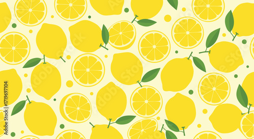 A bright yellow pattern of fresh lemons and lemon slices.