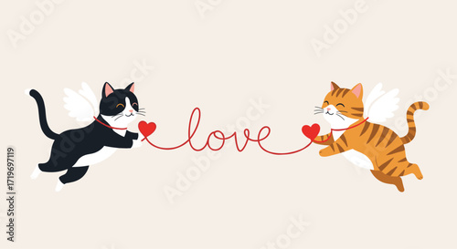 Two adorable winged cats forming the word love with a red string.