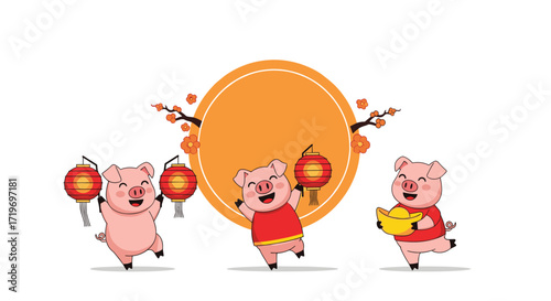 Happy chinese new year of the pig with cute pigs and lanterns.