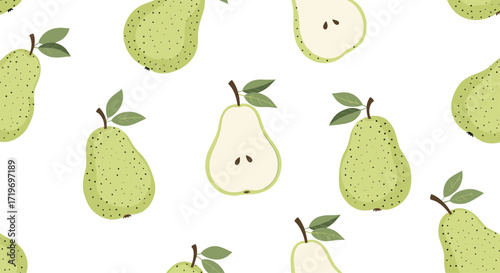 A sweet pattern of ripe green pears with leafy stems.