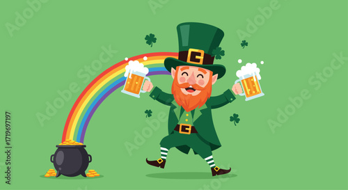 A cheerful leprechaun holding two foamy mugs of beer under a rainbow.