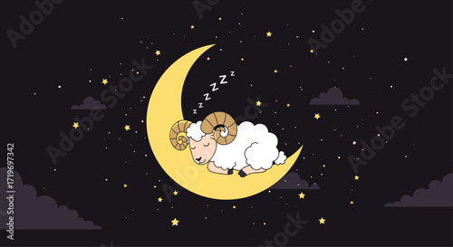 Cute fluffy sheep sleeping peacefully on a crescent moon surrounded by stars and clouds.