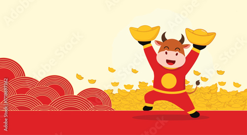 A happy cartoon bull in red clothing is lifting up gold ingots with both hands.
