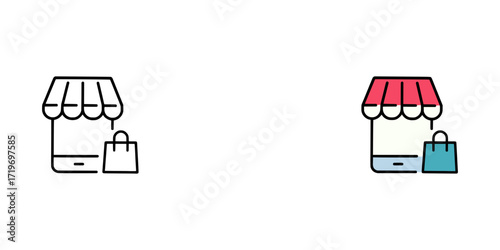 Modern online shop icon with shopping bag promotes e-commerce convenience and digital retail, ideal for website design and mobile app development