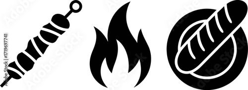 Simple icons representing grilling, fire, and a hot dog on a bun, perfect for food themes.