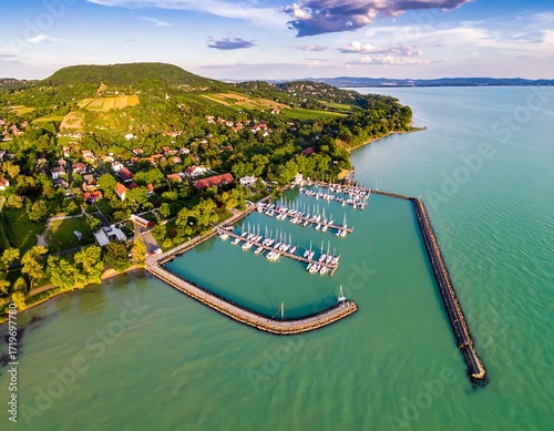 Aerial view of a harbor town on a lake