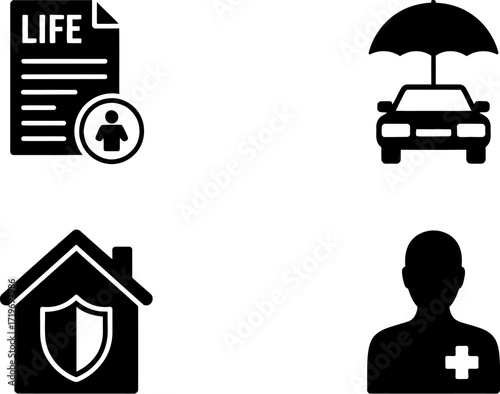 Insurance icons representing life, car, home, and health protection
