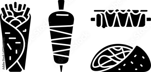 Iconic street food illustrations including shawarma, gyro, and kebab