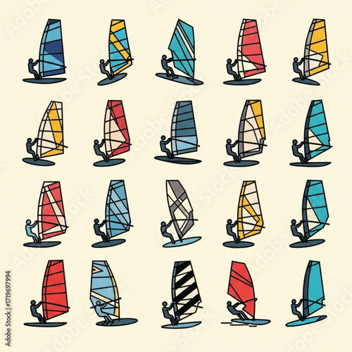 Windsurfer Pattern Colorful Sails and Silhouetted Figures in a Repeating Design.
