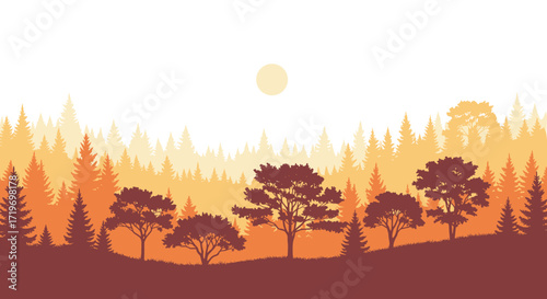 Beautiful sunset over a serene forest landscape with silhouetted trees and warm orange hues.