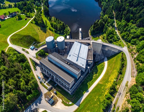 Aerial view of a hydroelectric dam and power station