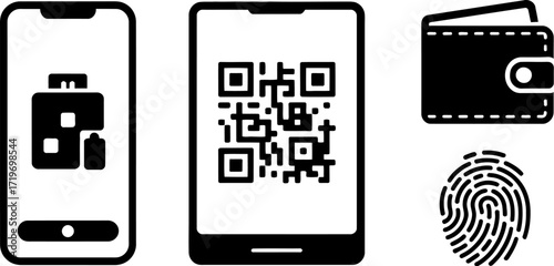 Digital wallet with QR code, luggage icon, and fingerprint for secure transactions and travel.