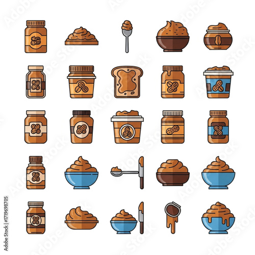 Peanut Butter Icons Jars Bowls Spreads and Toast Vector Set.