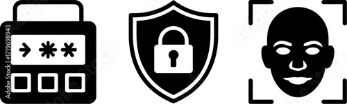 Digital security icons representing password entry, privacy protection, and facial recognition technology.