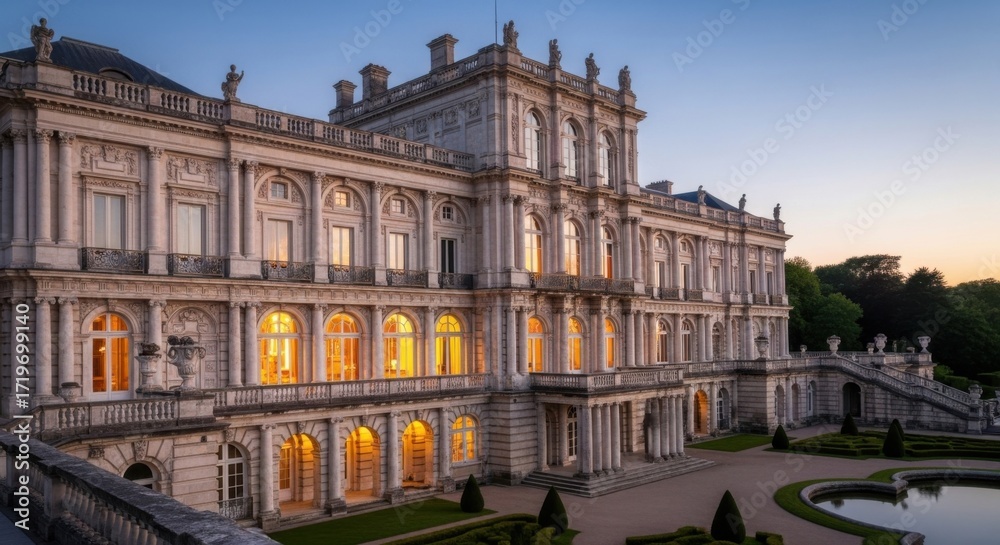 Fototapeta premium Grand Historic Mansion Exterior at Sunset with Illuminated Windows and Elegant Architecture