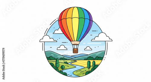A colorful hot air balloon floats over a serene landscape, the sky is blue and the fields are green and yellow