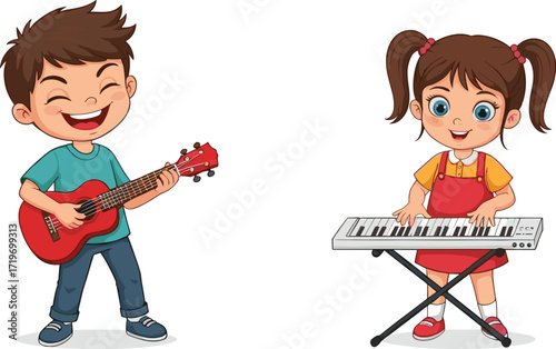 Cartoon boy playing guitar, girl playing keyboard, children making music, fun learning activity, musical kids illustration, happy performance, music education artwork