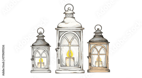 Three ornate lanterns with lit candles in varying sizes, standing together, depicted in a detailed illustration, from a straightforward viewpoint.