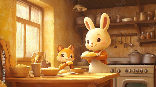 A Whimsical Kitchen Scene Featuring Adorable Rabbit and Fox Characters Enjoying Baking Together