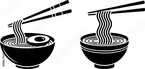 Stylized illustration of delicious noodles being lifted with chopsticks from a bowl