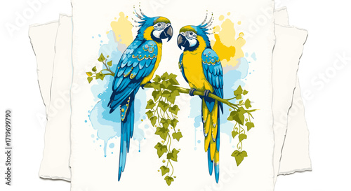 Two parrots perched on a branch surrounded by lush foliage, a vibrant illustration of wildlife, captured from a front viewpoint