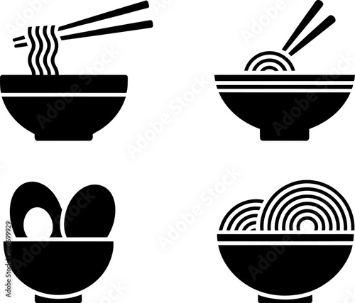 Stylized icons representing bowls of noodles and eggs, perfect for culinary themes.
