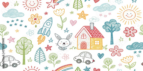 Whimsical hand-drawn doodle seamless pattern with house, rainbow, rocket, flowers, clouds, sun, trees, stars, and car. Cute colorful kids sketch background for fabric, wallpaper, or stationery.
