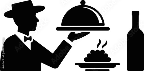 Professional server presenting a covered dish and wine bottle, signifying fine dining and service.