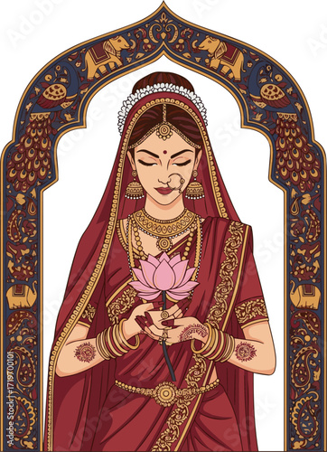 Create a Traditional Indian bride in red-maroon saree holding lotus, gracefully adorned, framed with patterned arch vector art with white background.