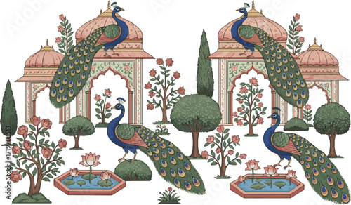 Create a Traditional Mughal garden scene in Pichwai style featuring peacock and arches, designed for wallpaper vector art with white background.