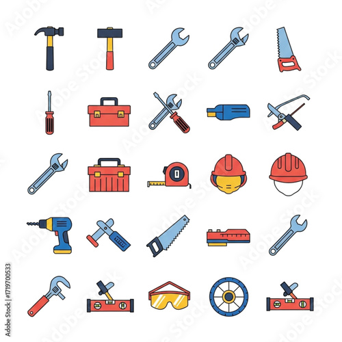 A collection of colorful, outlined construction and repair tools, including hammers, wrenches, saws, drills, toolboxes, and safety equipment, arranged in a grid pattern.