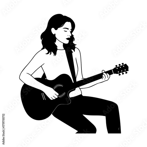 Black and white line art of a cool woman playing guitar in casual outfit minimalist stylish illustration
