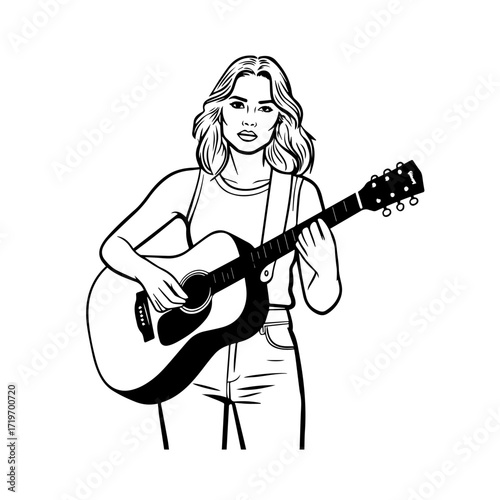 Black and white line art of a cool woman playing guitar in casual outfit minimalist stylish illustration
