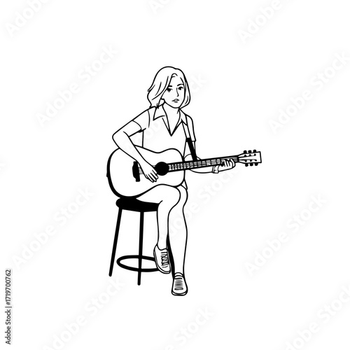 Black and white line art of a cool woman playing guitar in casual outfit minimalist stylish illustration
