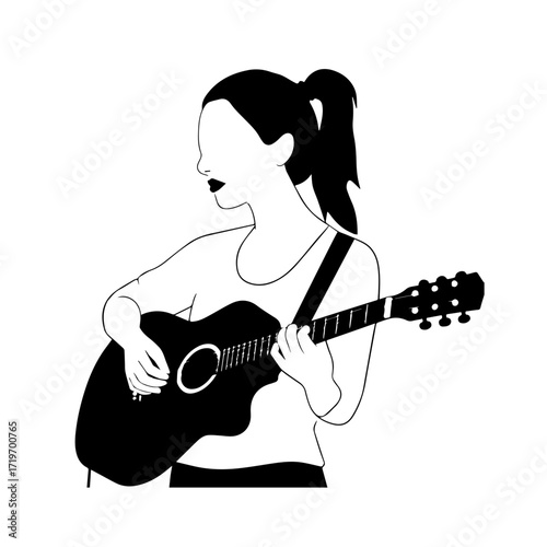 Black and white line art of a cool woman playing guitar in casual outfit minimalist stylish illustration

