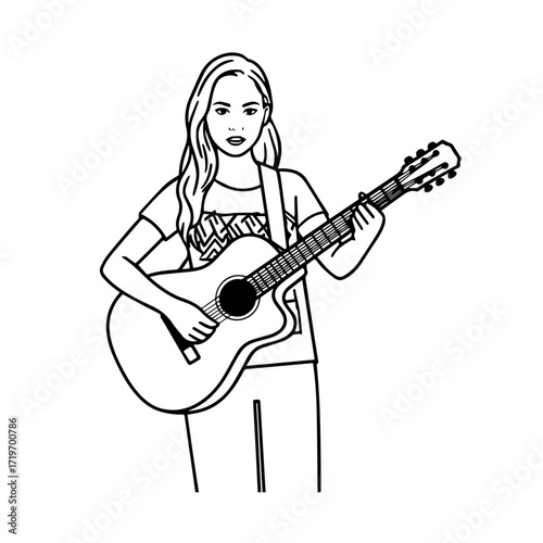 Black and white line art of a cool woman playing guitar in casual outfit minimalist stylish illustration
