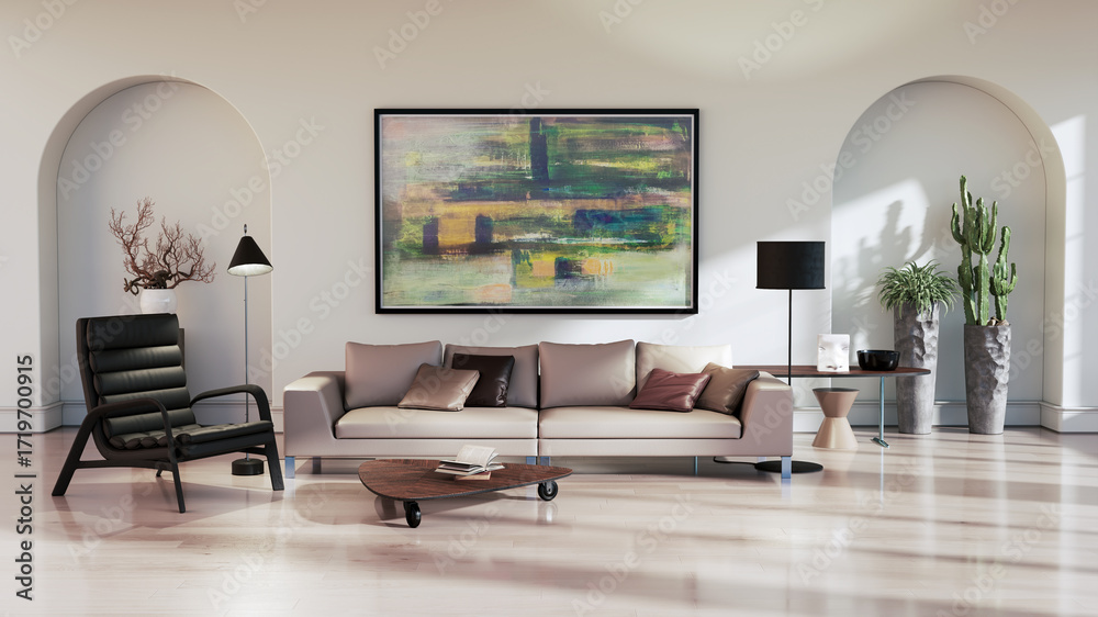 Fototapeta premium Large luxury modern bright interiors Living room mockup illustration 3D rendering image