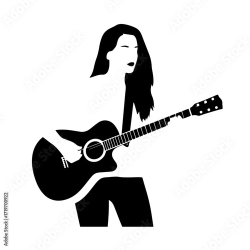 Black and white line art of a cool woman playing guitar in casual outfit minimalist stylish illustration
