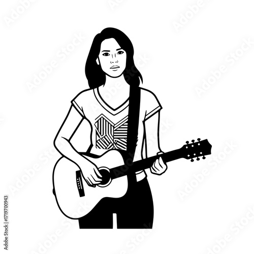 Black and white line art of a cool woman playing guitar in casual outfit minimalist stylish illustration

