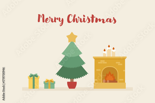 Christmas Fireplace with Tree and Gifts Illustration, Cozy Holiday Greeting Card Design
