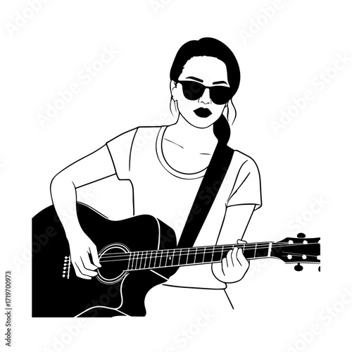 Black and white line art of a cool woman playing guitar in casual outfit minimalist stylish illustration
