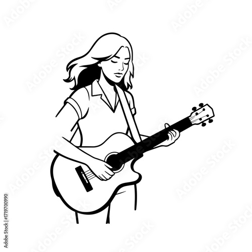 Black and white line art of a cool woman playing guitar in casual outfit minimalist stylish illustration
