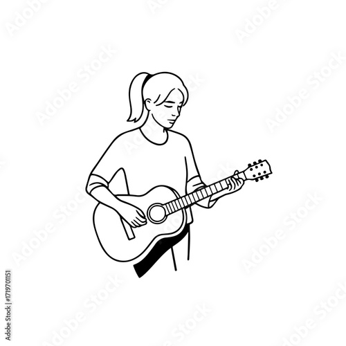 Black and white line art of a cool woman playing guitar in casual outfit minimalist stylish illustration
