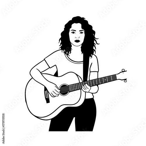 Black and white line art of a cool woman playing guitar in casual outfit minimalist stylish illustration

