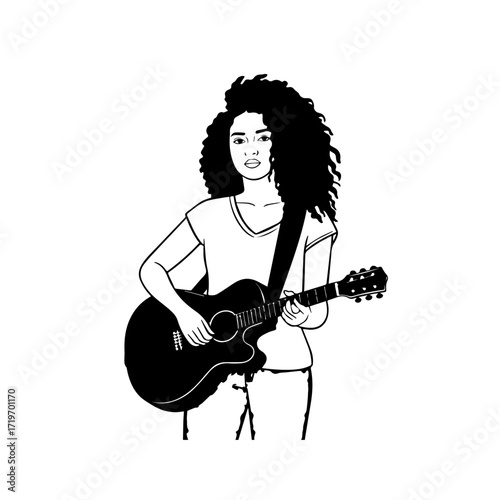 Black and white line art of a cool woman playing guitar in casual outfit minimalist stylish illustration
