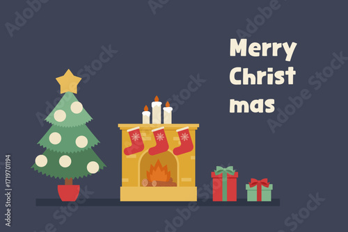 Christmas Fireplace with Stockings and Tree Illustration, Cozy Holiday Greeting Card with Gifts