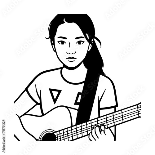 Black and white line art of a cool woman playing guitar in casual outfit minimalist stylish illustration
