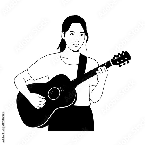 Black and white line art of a cool woman playing guitar in casual outfit minimalist stylish illustration
